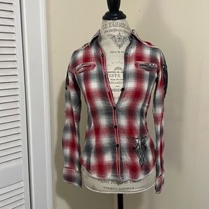 Roar, grey and red plaid, size small.